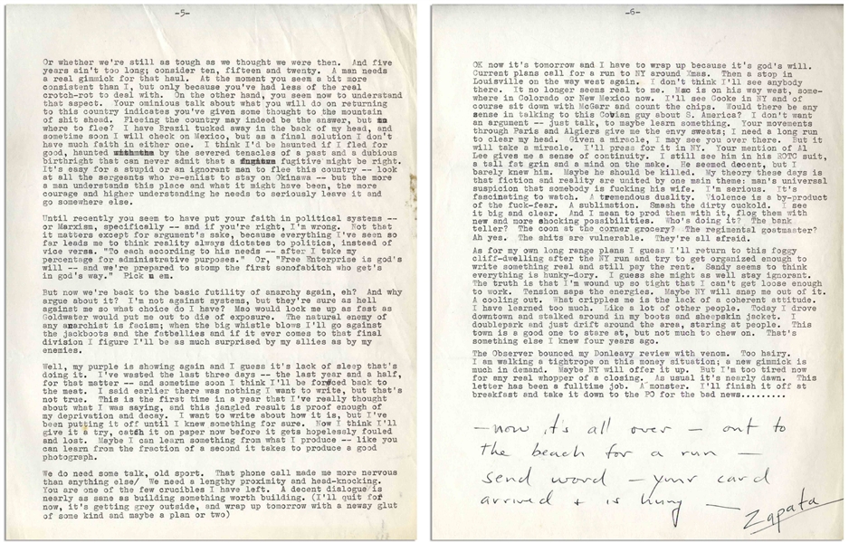 Hunter S. Thompson Letter Signed ''Zapata'' That Reads Like a Short Story: ''...I might have a go at the bible...Faith in what?...In god, Grapefruit or the Final Orgasm with the Queen of the Jews...''